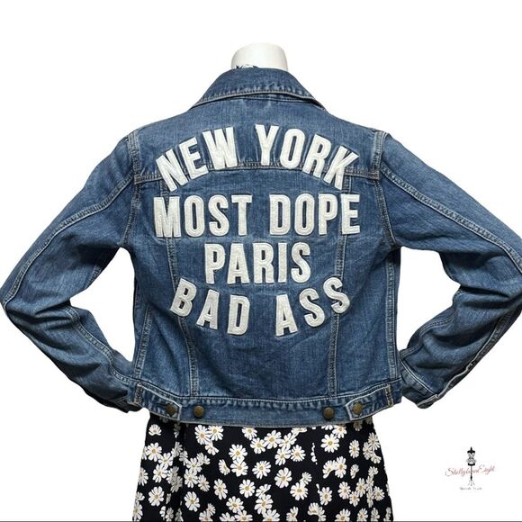 MOUSSY VINTAGE Jeans Denim Trucker Jacket Appliques New York Paris Bad A** S - Picture 3 of 13